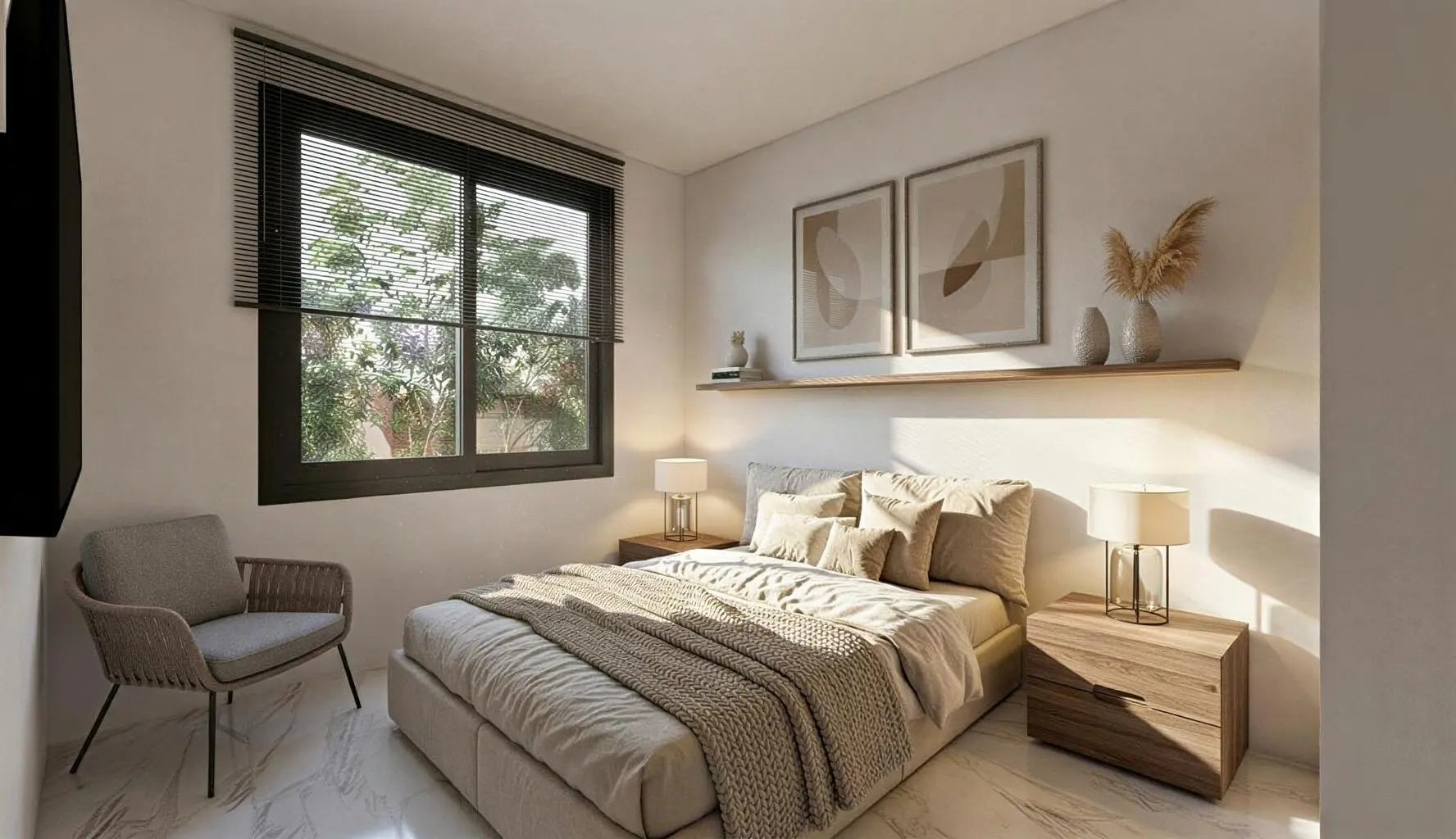 Habitación principal acogedora con iluminación natural y diseño de interiores moderno en vivienda industrializada.