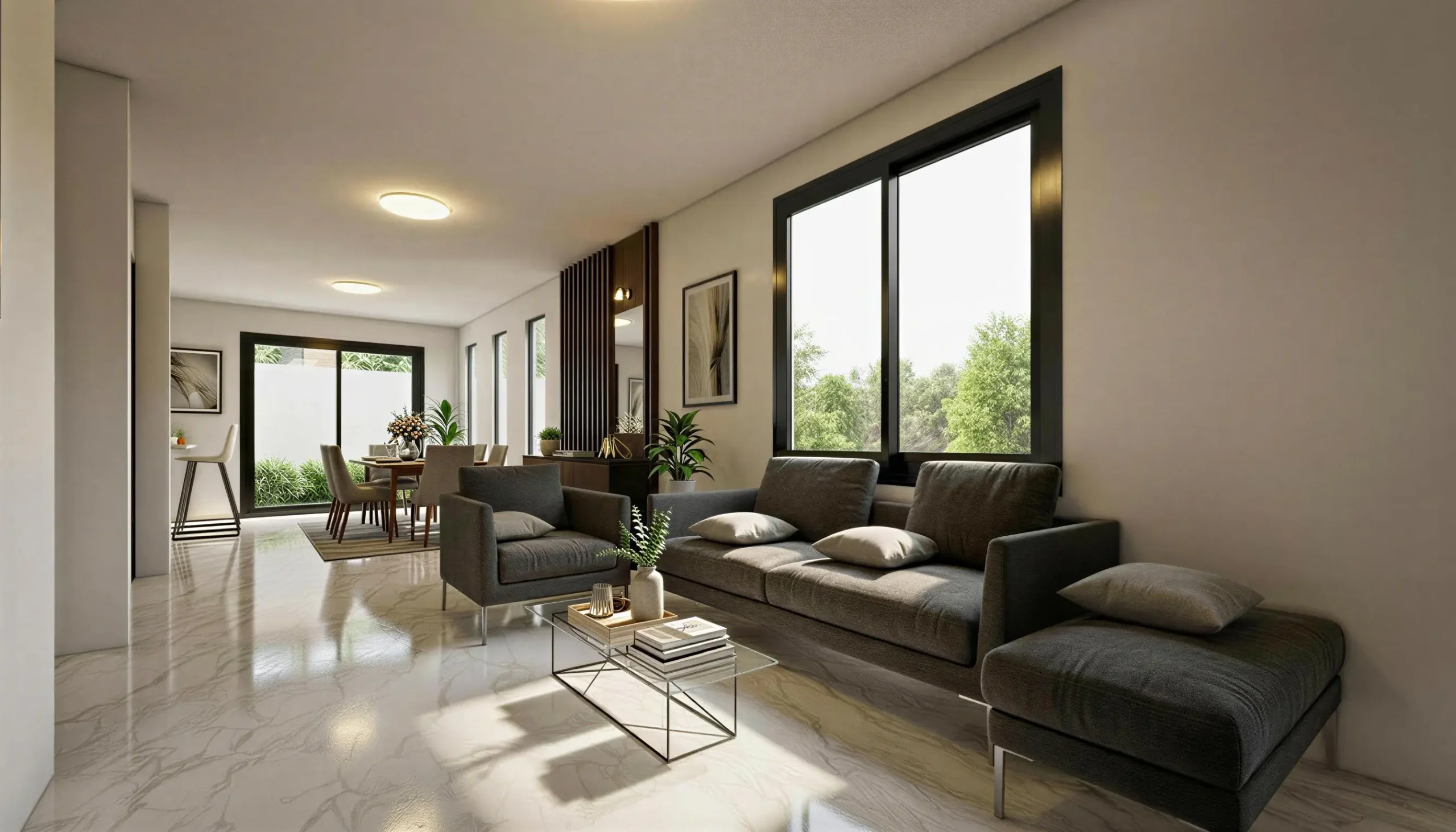 Interior de una casa Termosteel modelo Serena con concepto abierto, living amplio y grandes ventanales.