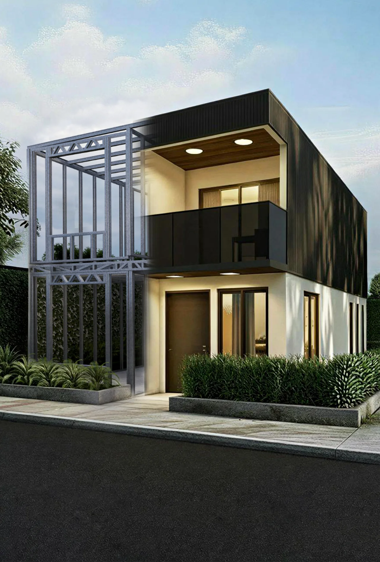 Vista exterior nocturna de la casa modelo Serena, destacando su iluminación y diseño arquitectónico.