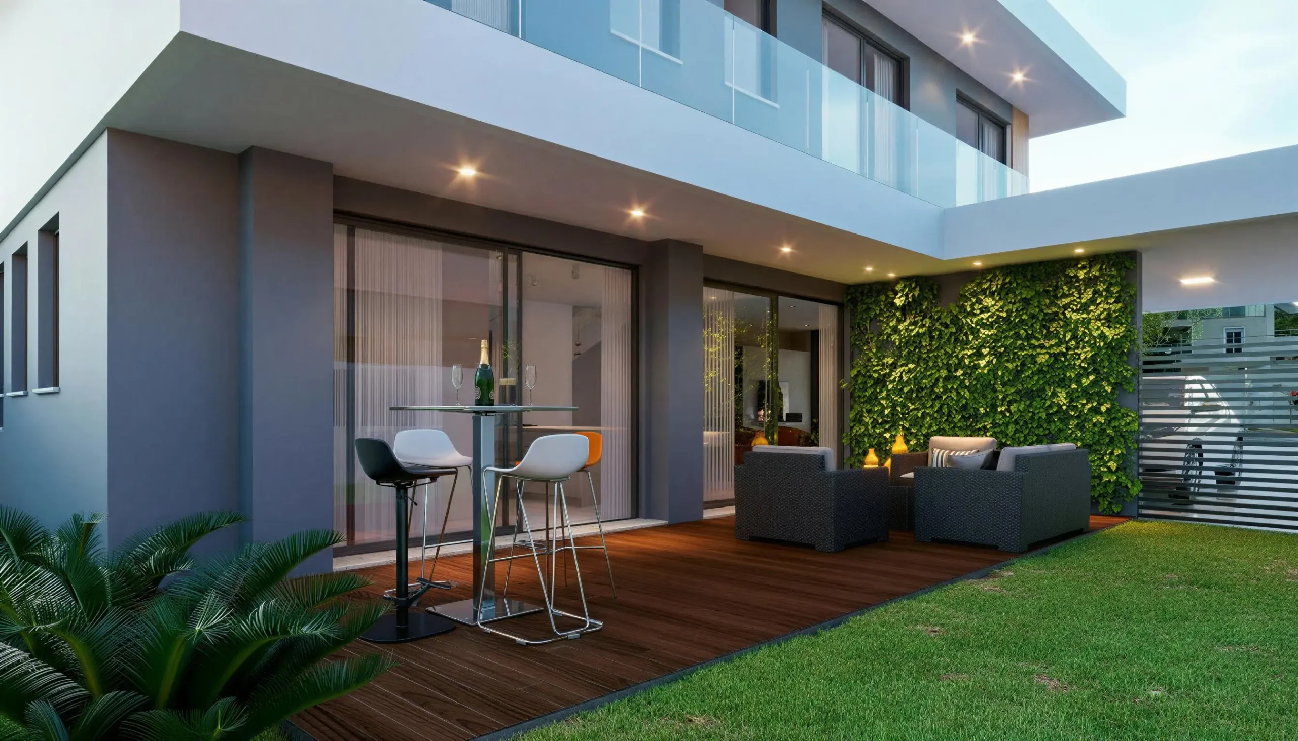 Área social exterior con deck de madera, mobiliario moderno y jardín vertical en casa de acero.