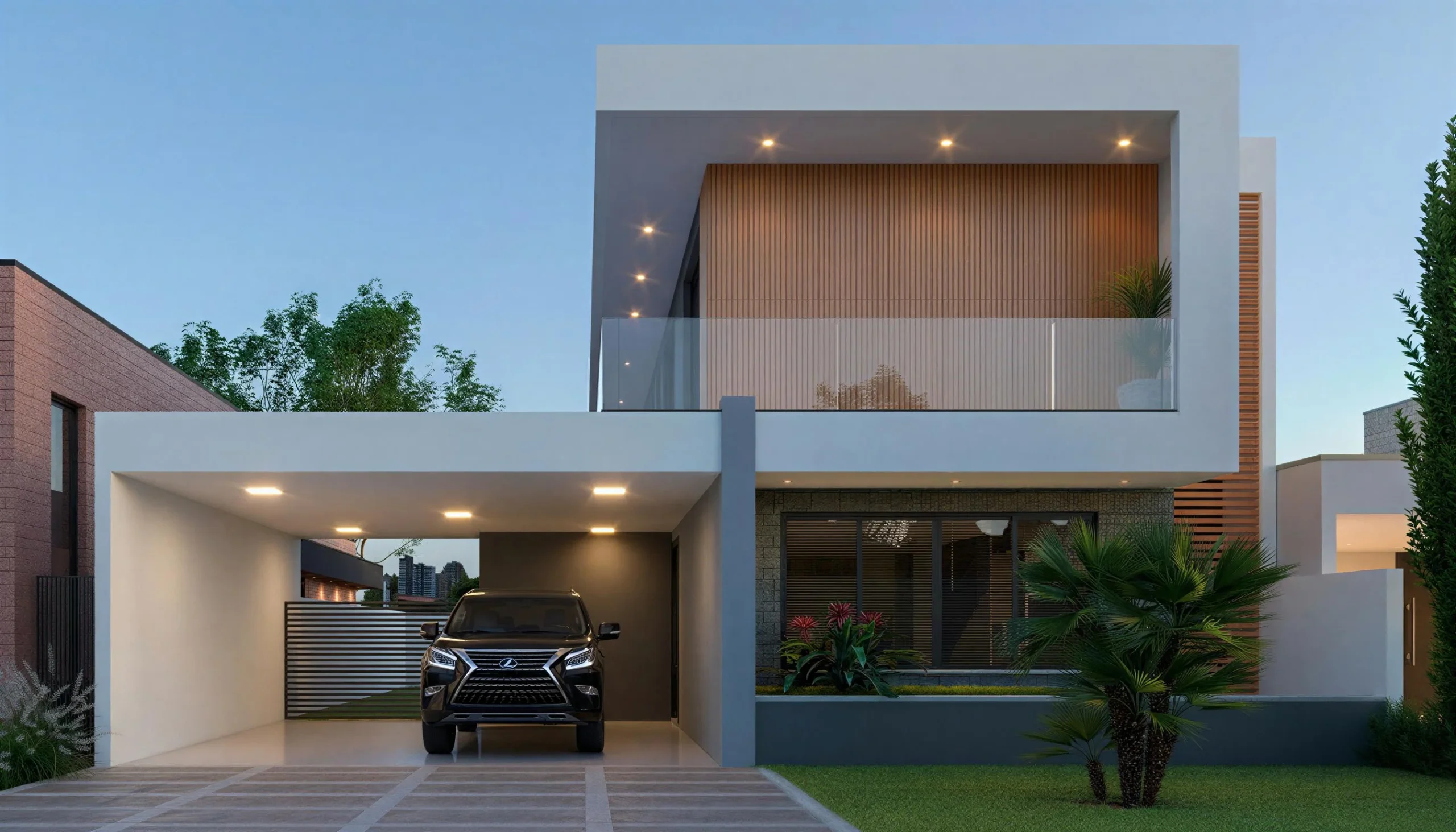 Fachada principal de casa inteligente con diseño minimalista y cochera integrada de Termosteel Housing.